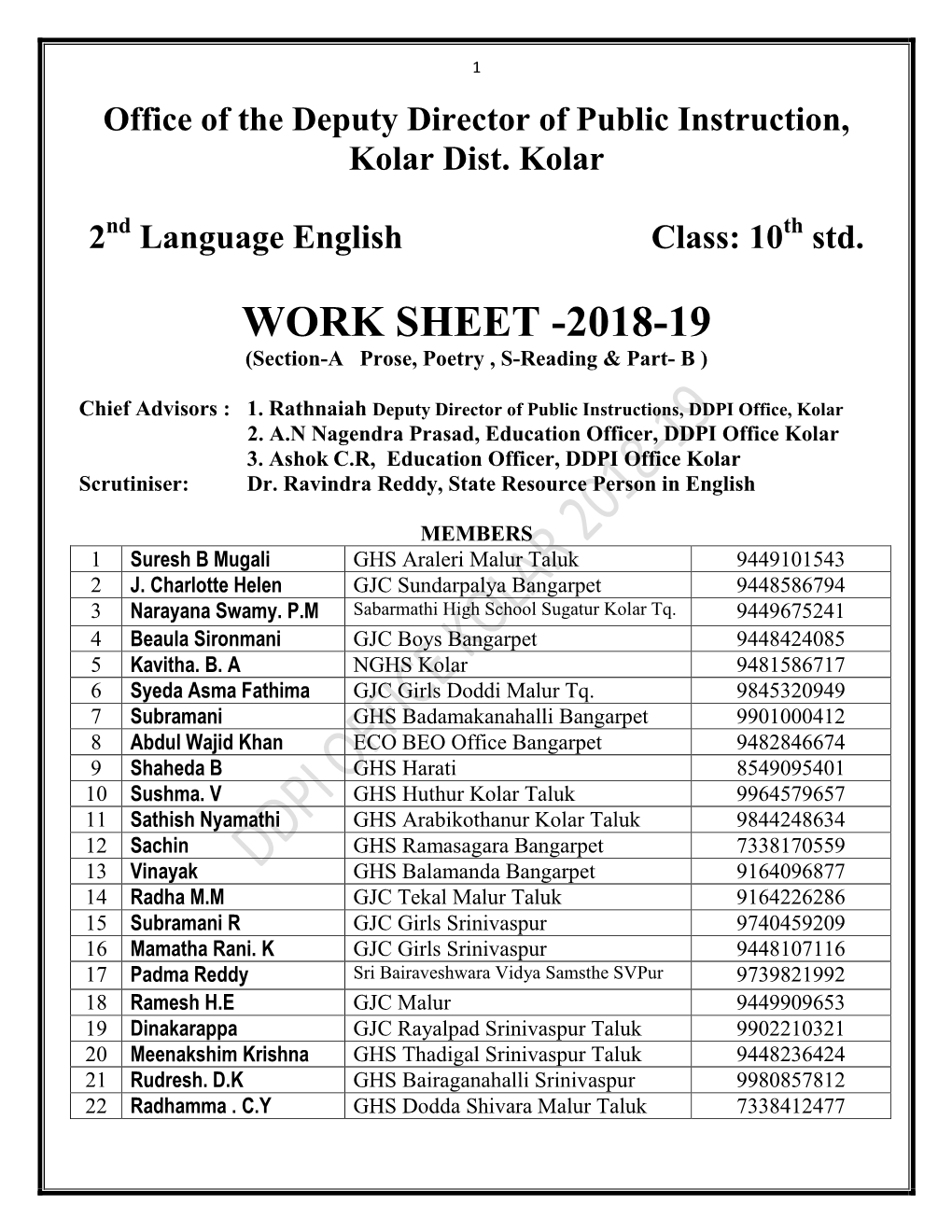 WORK SHEET -2018-19 (Section-A Prose, Poetry , S-Reading & Part- B )