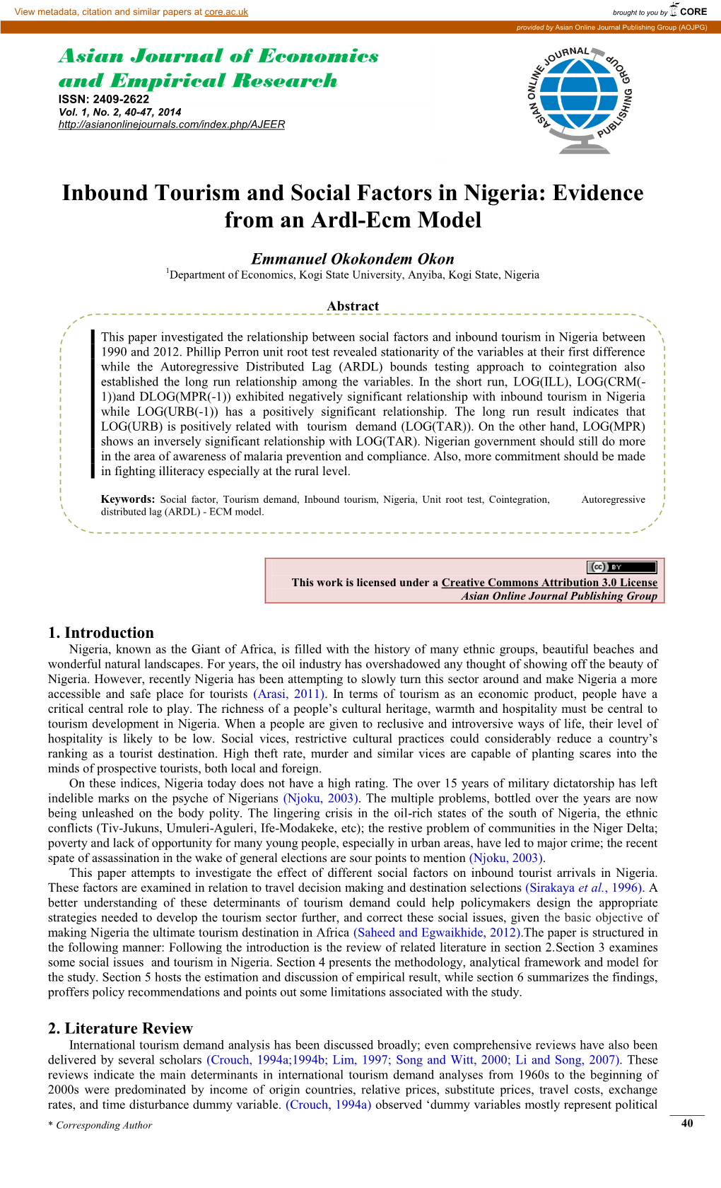 Inbound Tourism and Social Factors in Nigeria: Evidence from an Ardl-Ecm Model