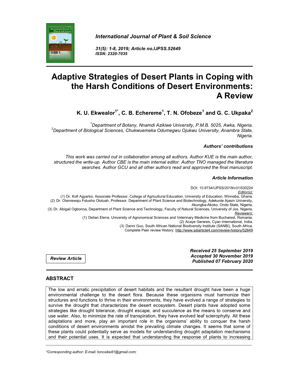 Adaptive Strategies of Desert Plants in Coping with the Harsh Conditions of Desert Environments: a Review