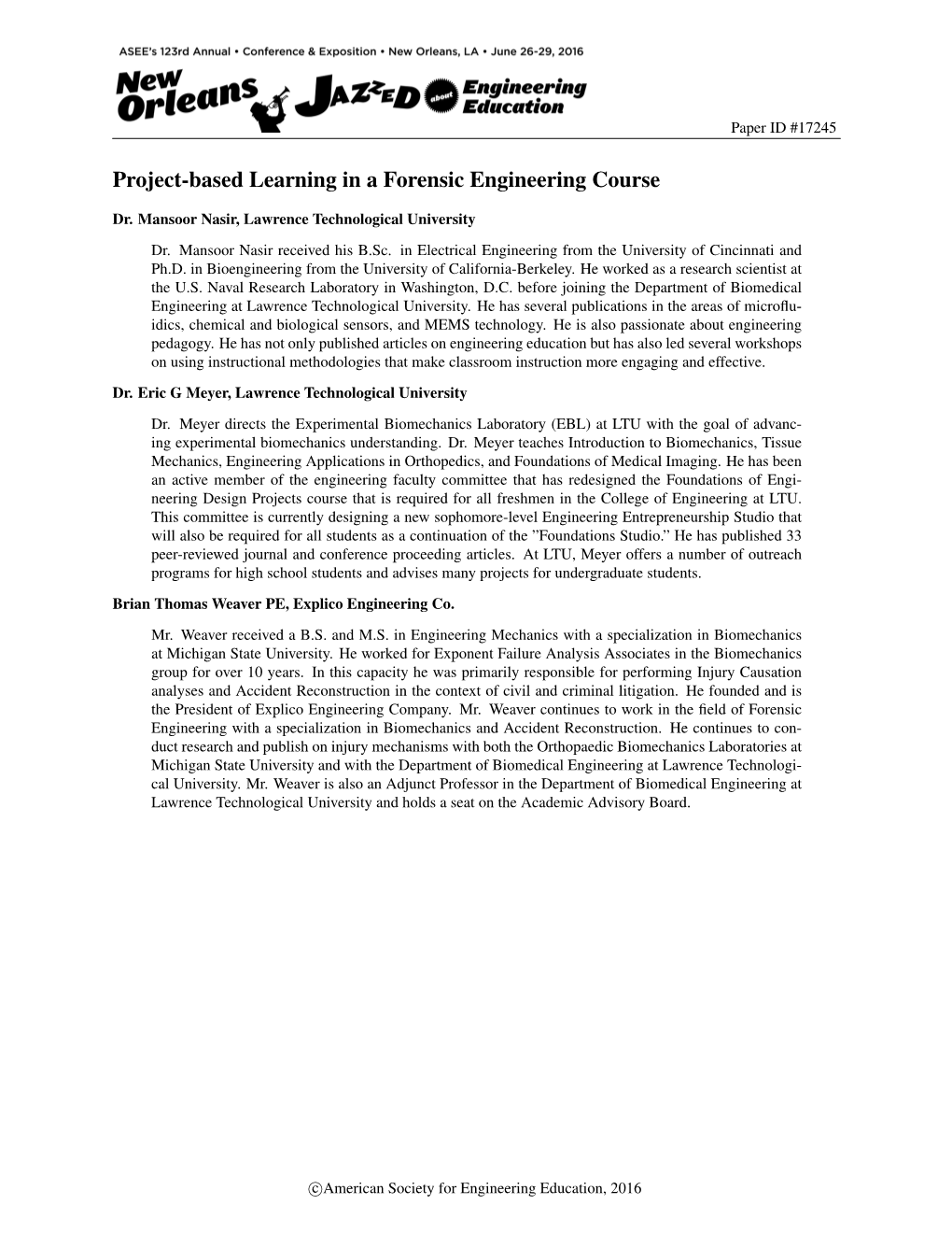 Project-Based Learning in a Forensic Engineering Course