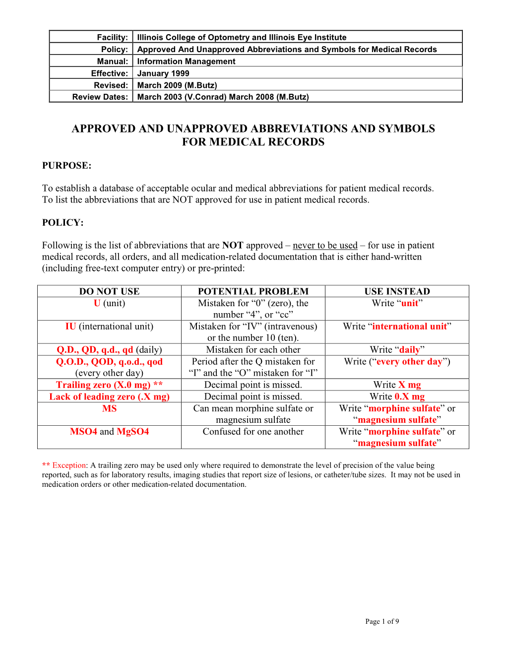 Approved and Unapproved Abbreviations and Symbols For