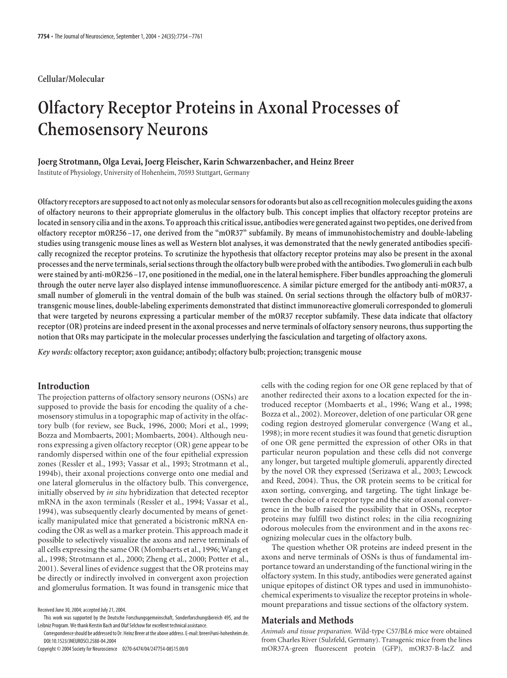 Olfactory Receptor Proteins in Axonal Processes of Chemosensory Neurons