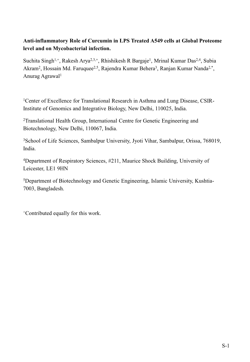 Anti-Inflammatory Role of Curcumin in LPS Treated A549 Cells at Global Proteome Level and on Mycobacterial Infection