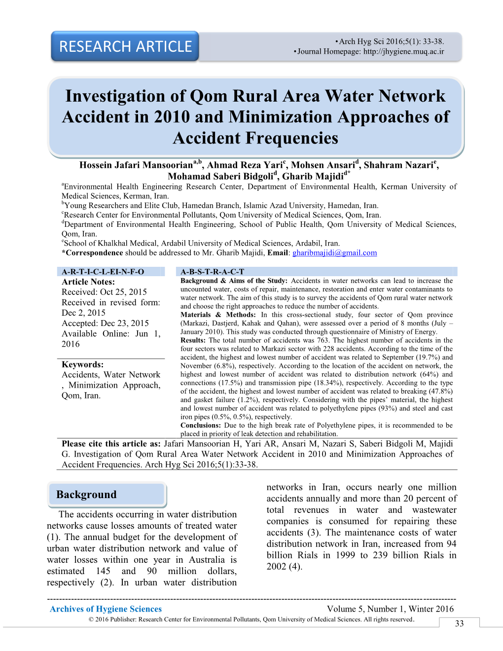 Investigation of Qom Rural Area Water Network Accident in 2010 and Minimization Approaches of Accident Frequencies