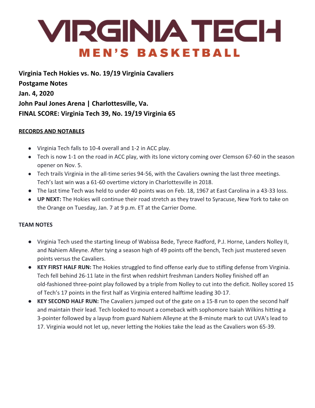 Virginia Tech Hokies Vs. No. 19/19 Virginia Cavaliers Postgame Notes Jan