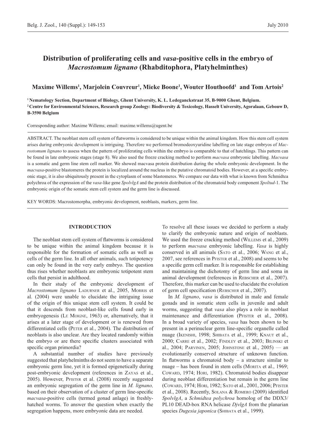 Distribution of Proliferating Cells and Vasa-Positive Cells in the Embryo of Macrostomum Lignano (Rhabditophora, Platyhelminthes)