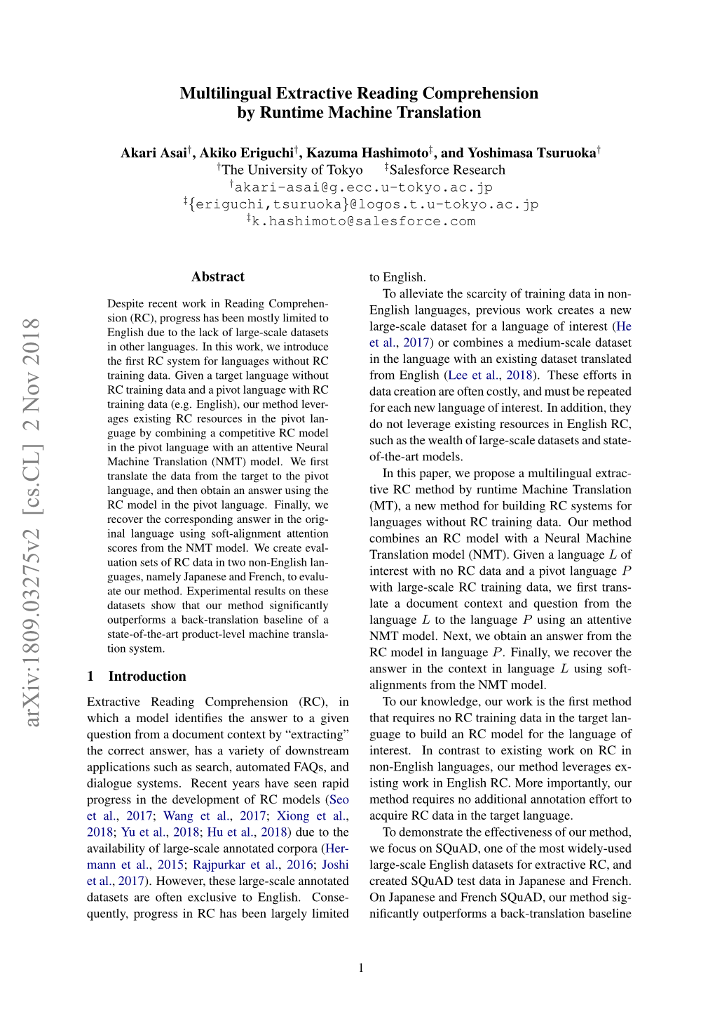 Multilingual Extractive Reading Comprehension by Runtime Machine Translation