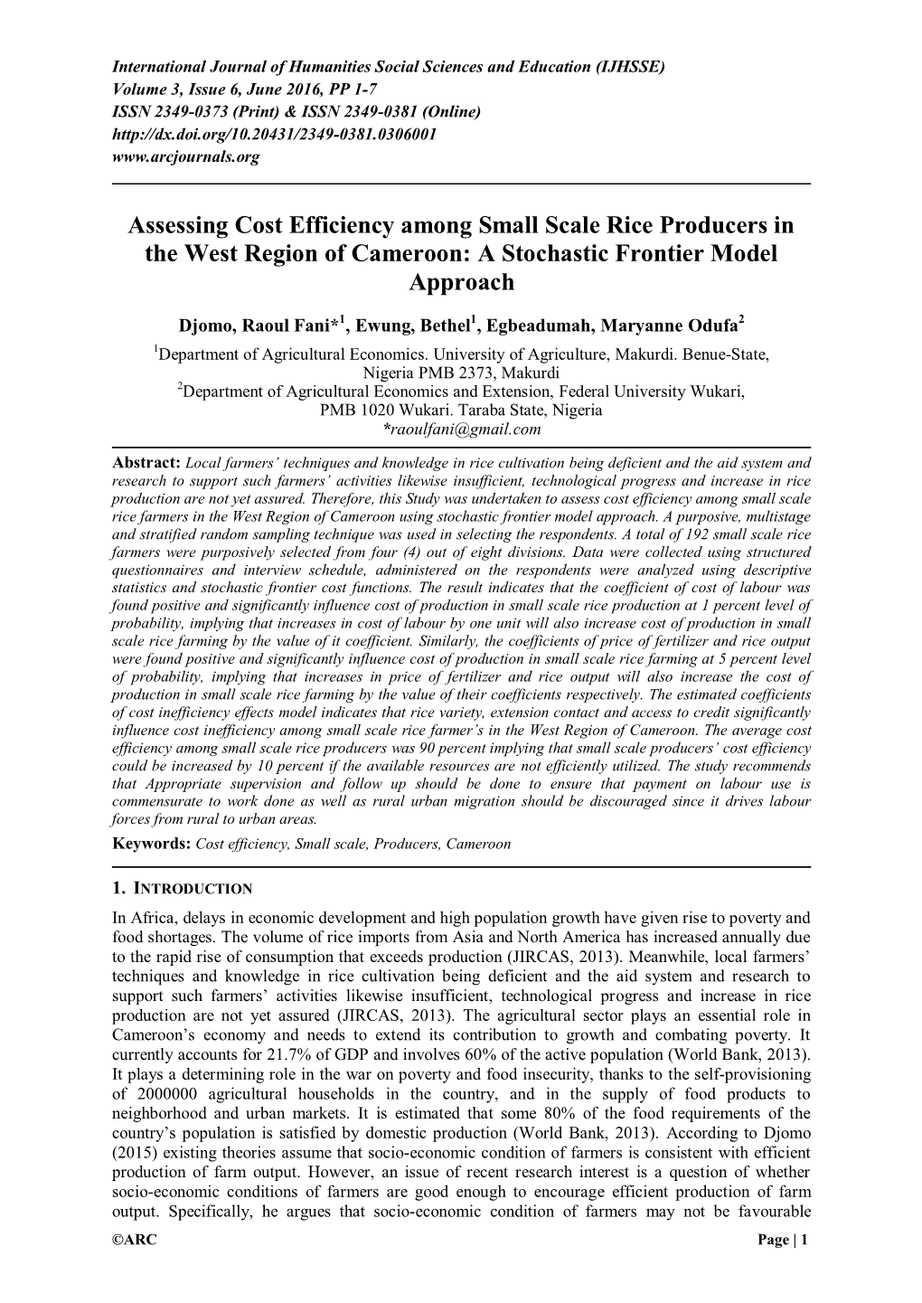 Assessing Cost Efficiency Among Small Scale Rice Producers in the West Region of Cameroon: a Stochastic Frontier Model Approach