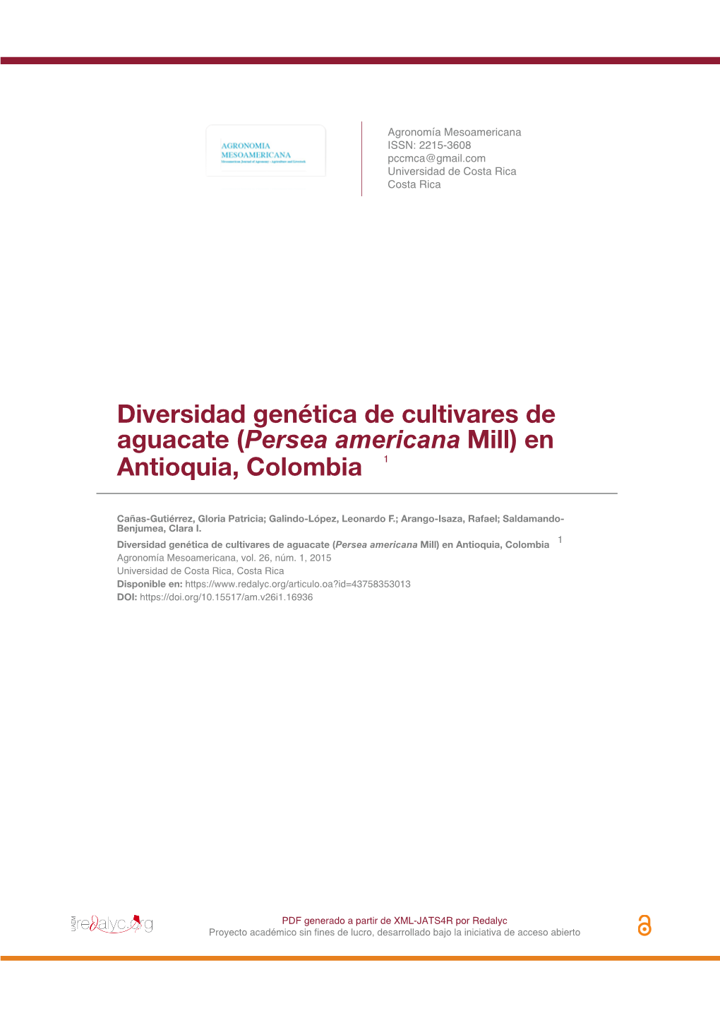 Diversidad Genética De Cultivares De Aguacate (Persea Americana Mill) En Antioquia, Colombia 1