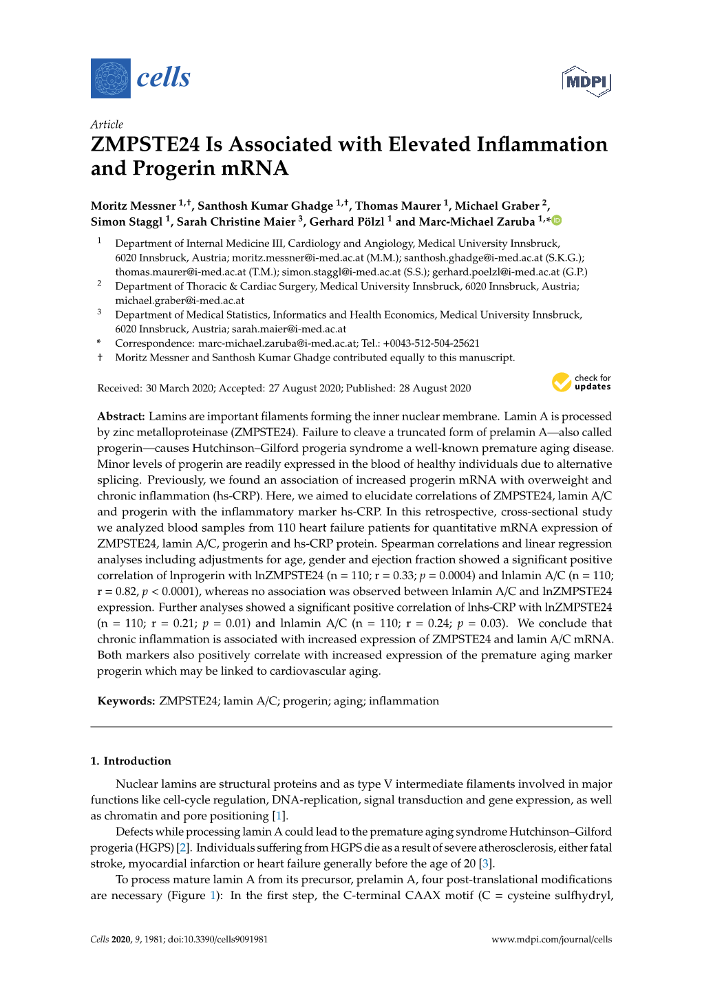 ZMPSTE24 Is Associated with Elevated Inflammation and Progerin Mrna