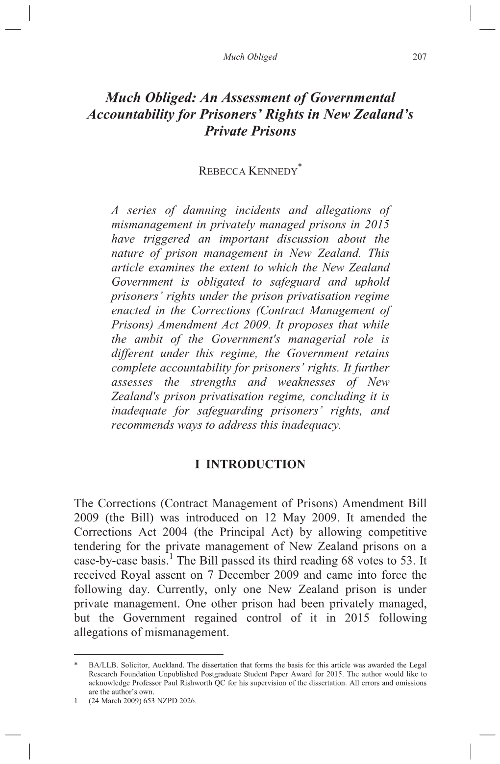 An Assessment of Governmental Accountability for Prisoners’ Rights in New Zealand’S Private Prisons