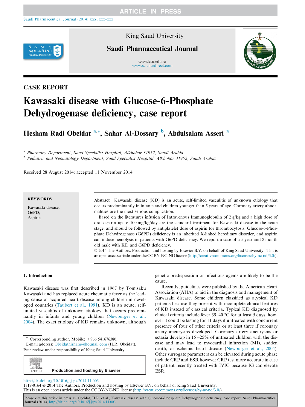 Kawasaki Disease with Glucose-6-Phosphate Dehydrogenase Deﬁciency, Case Report