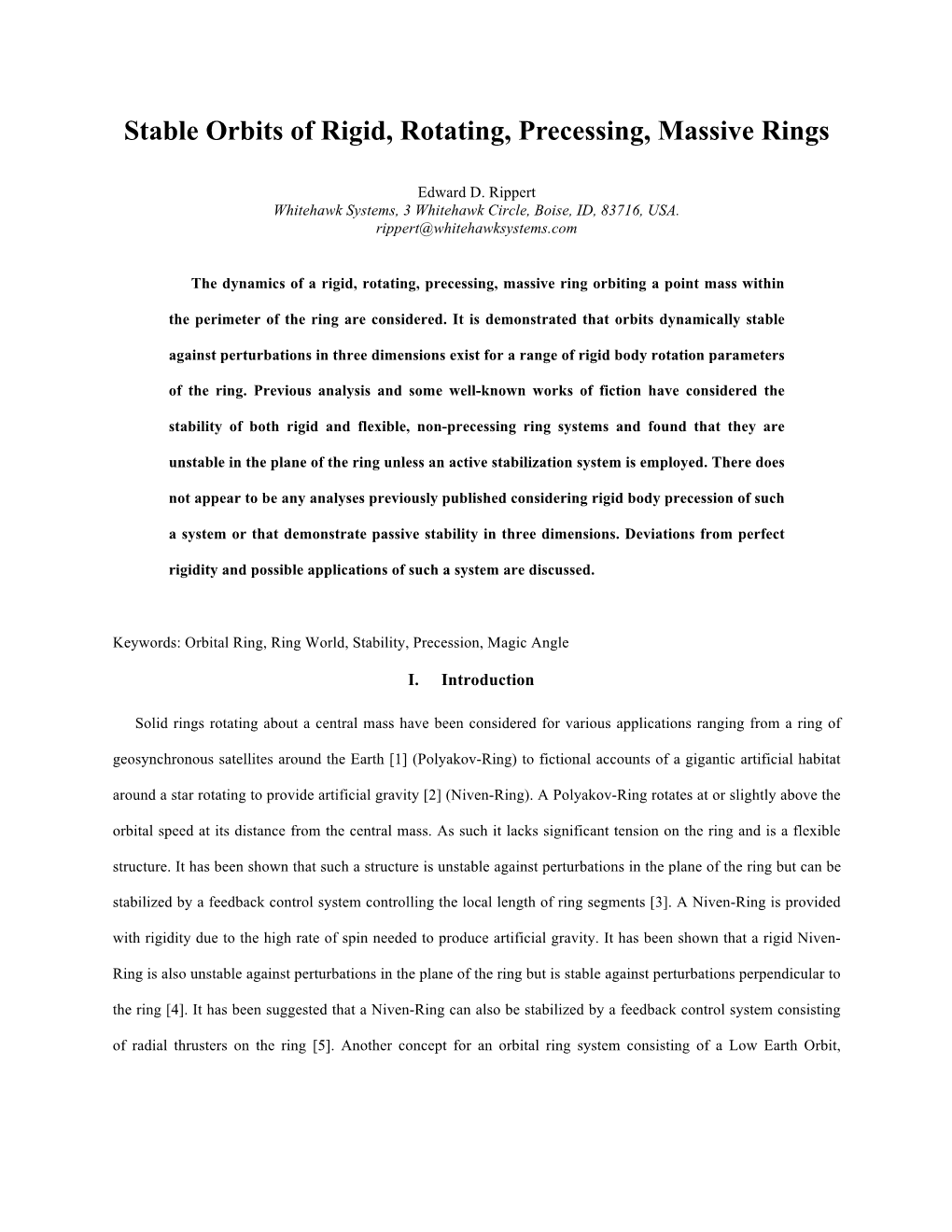 Stable Orbits of Rigid, Rotating, Precessing, Massive Rings