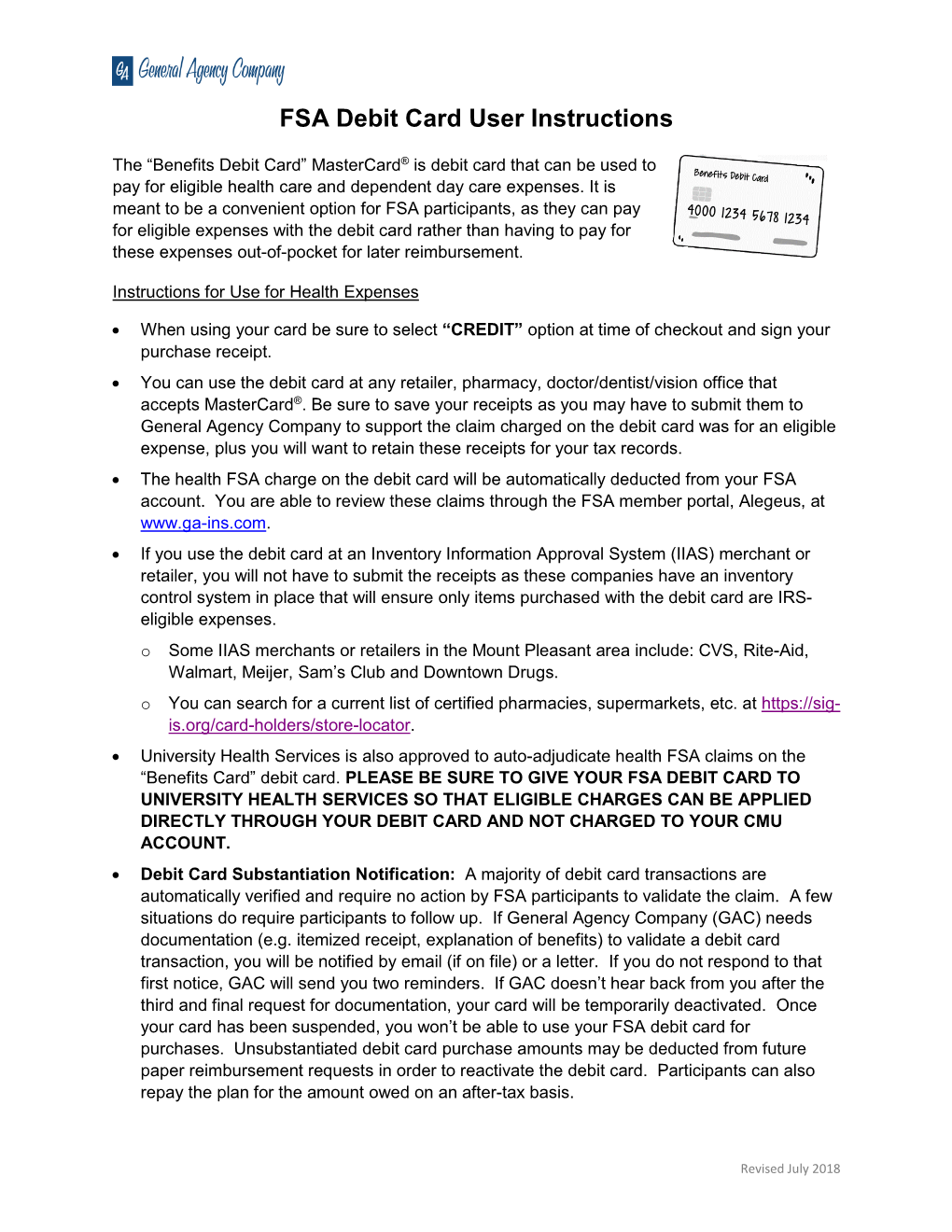 FSA Debit Card User Instructions