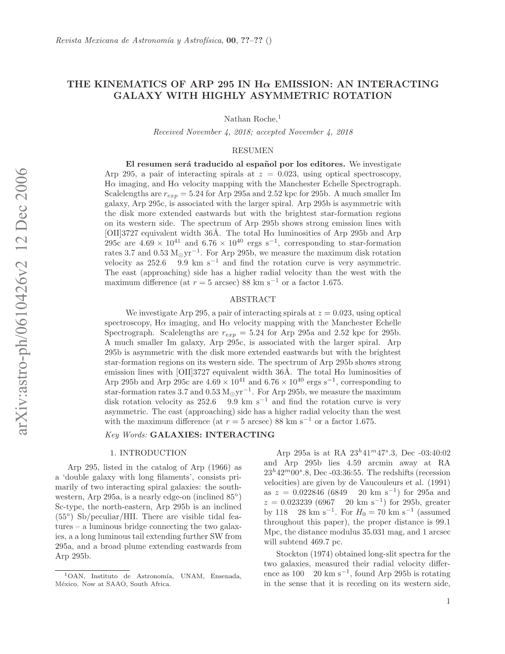 The Kinematics of Arp 295 in H-Alpha Emission: an Interacting Galaxy