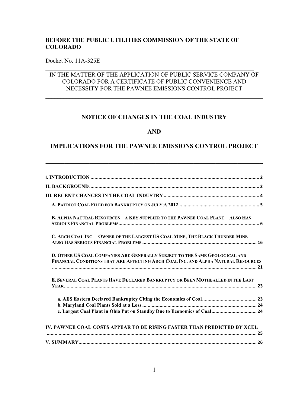 Notice of Changes in the Coal Industry and Implications for the Pawnee