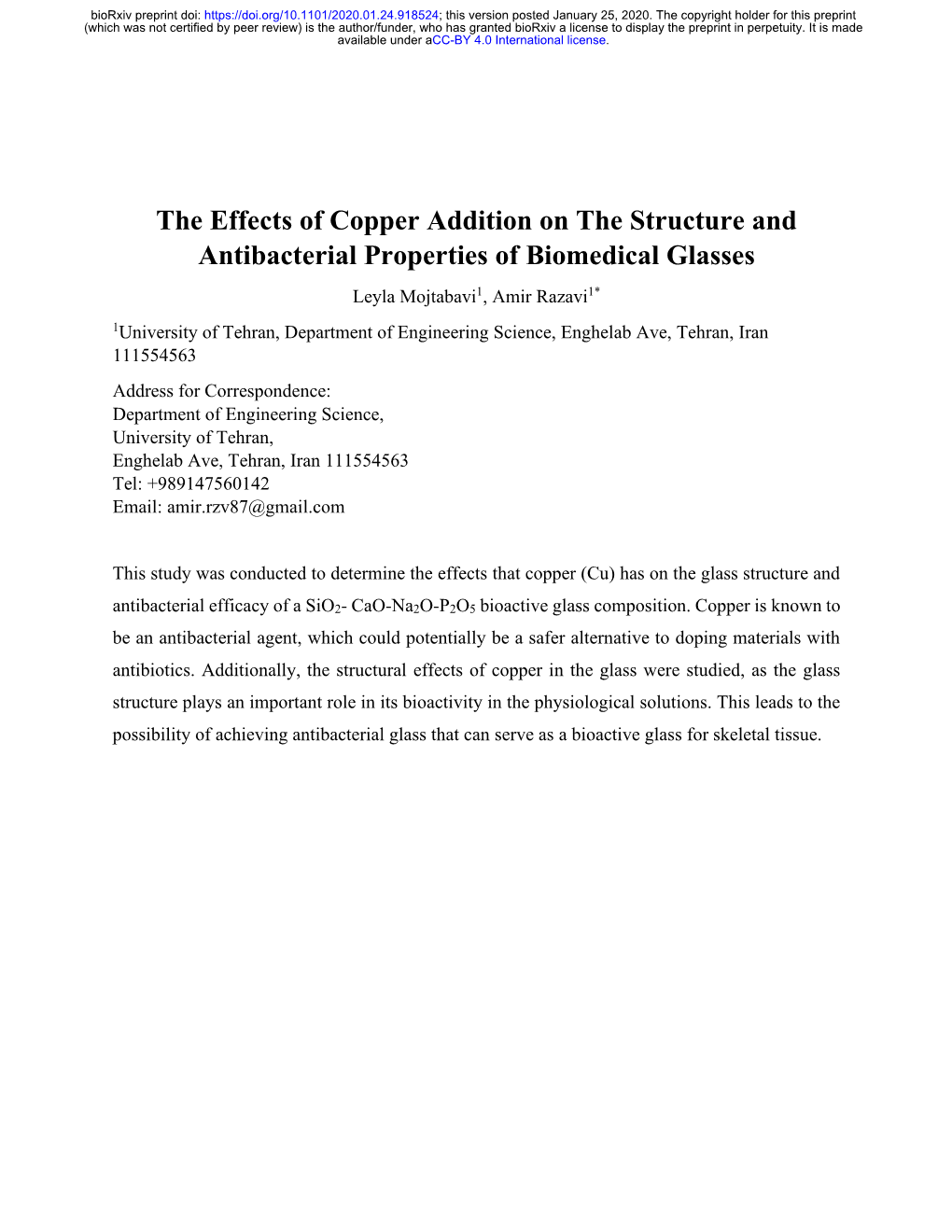 The Effects of Copper Addition on the Structure and Antibacterial