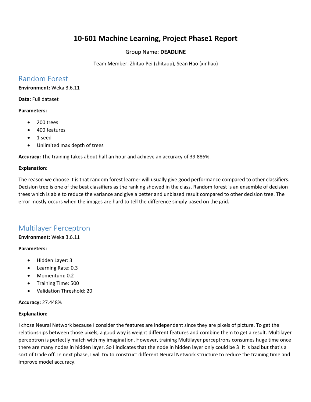 10-601 Machine Learning, Project Phase1 Report Random Forest