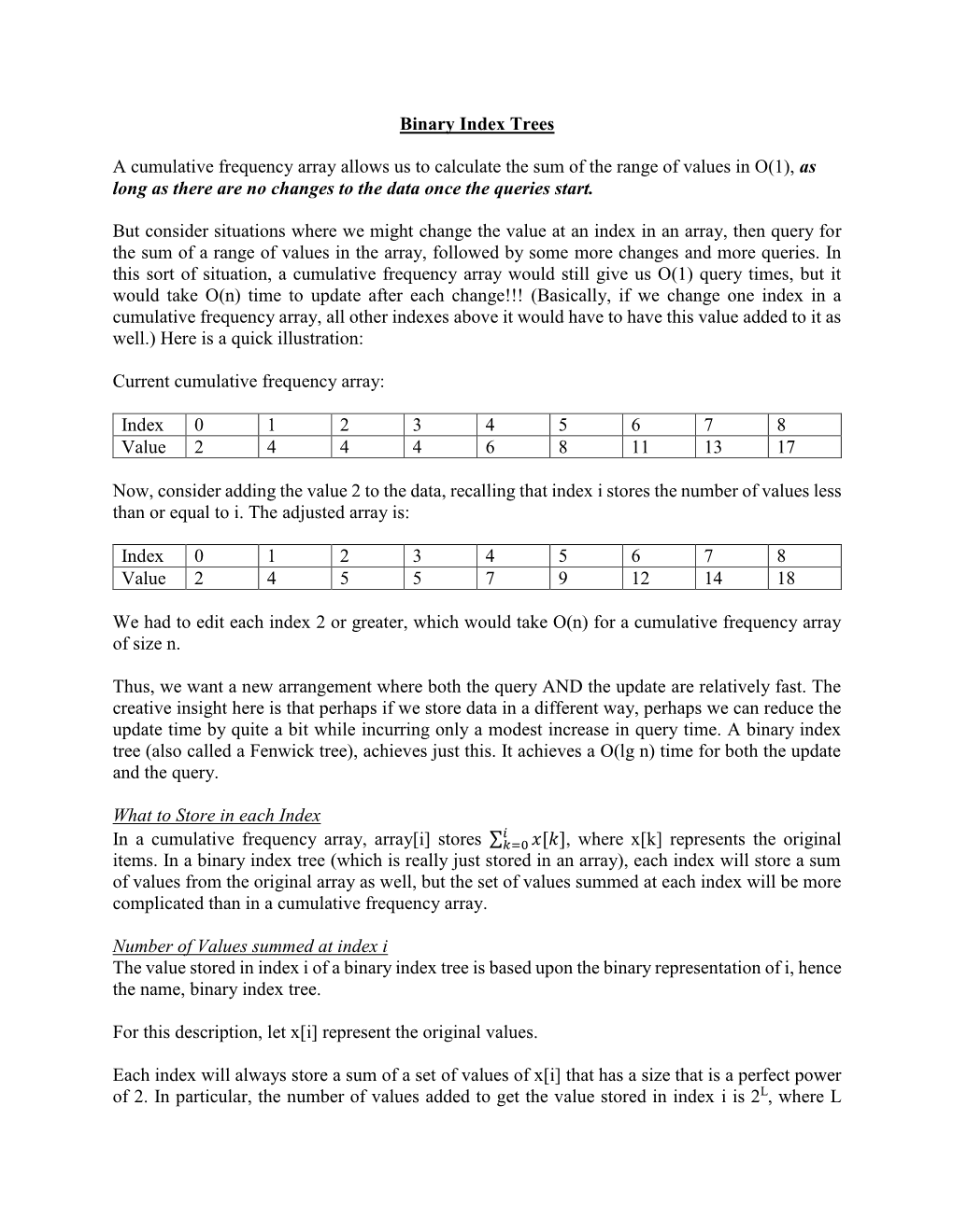 Binary Index Trees a Cumulative Frequency Array Allows Us To