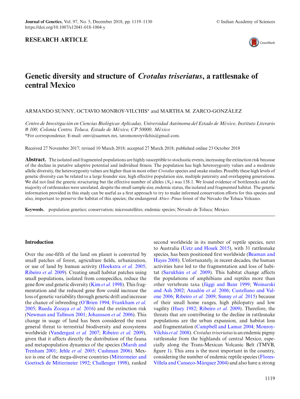 Genetic Diversity and Structure of Crotalus Triseriatus, a Rattlesnake of Central Mexico