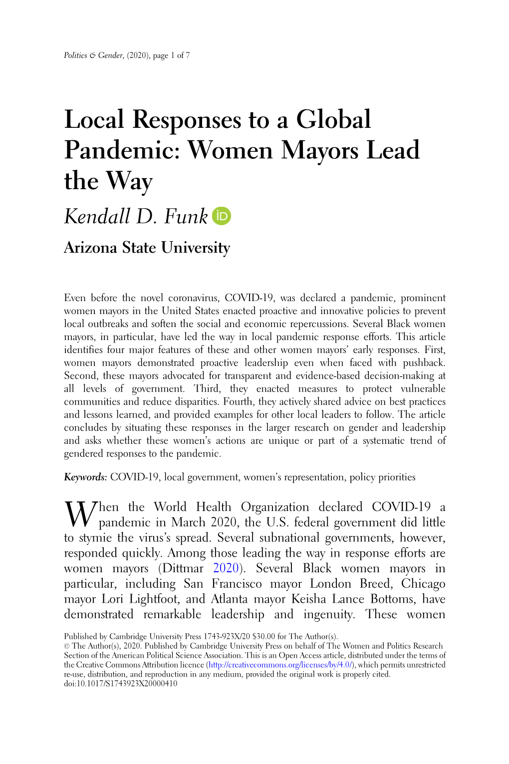 Local Responses to a Global Pandemic: Women Mayors Lead the Way Kendall D