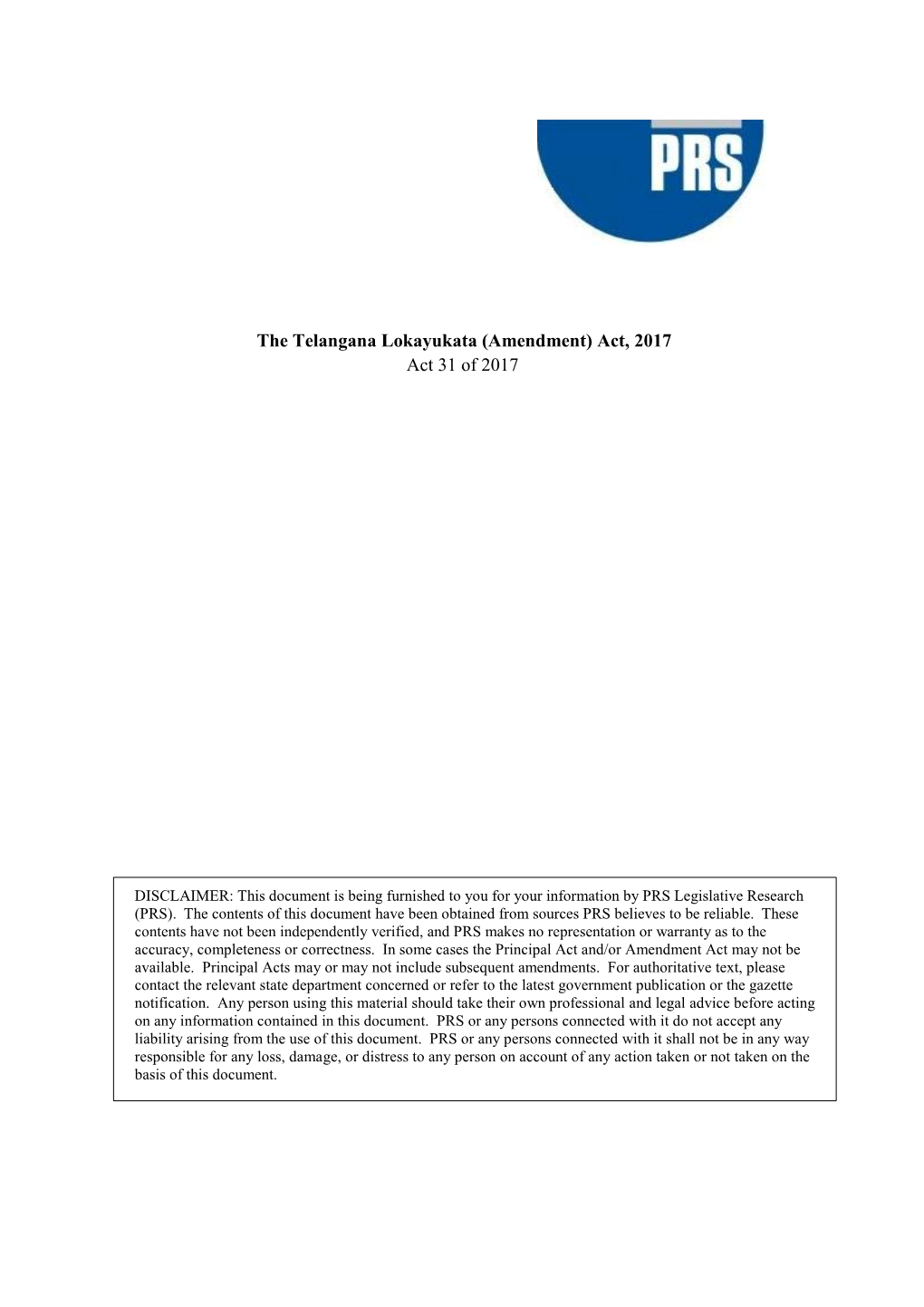 The Telangana Lokayukata (Amendment) Act, 2017 Act 31 of 2017