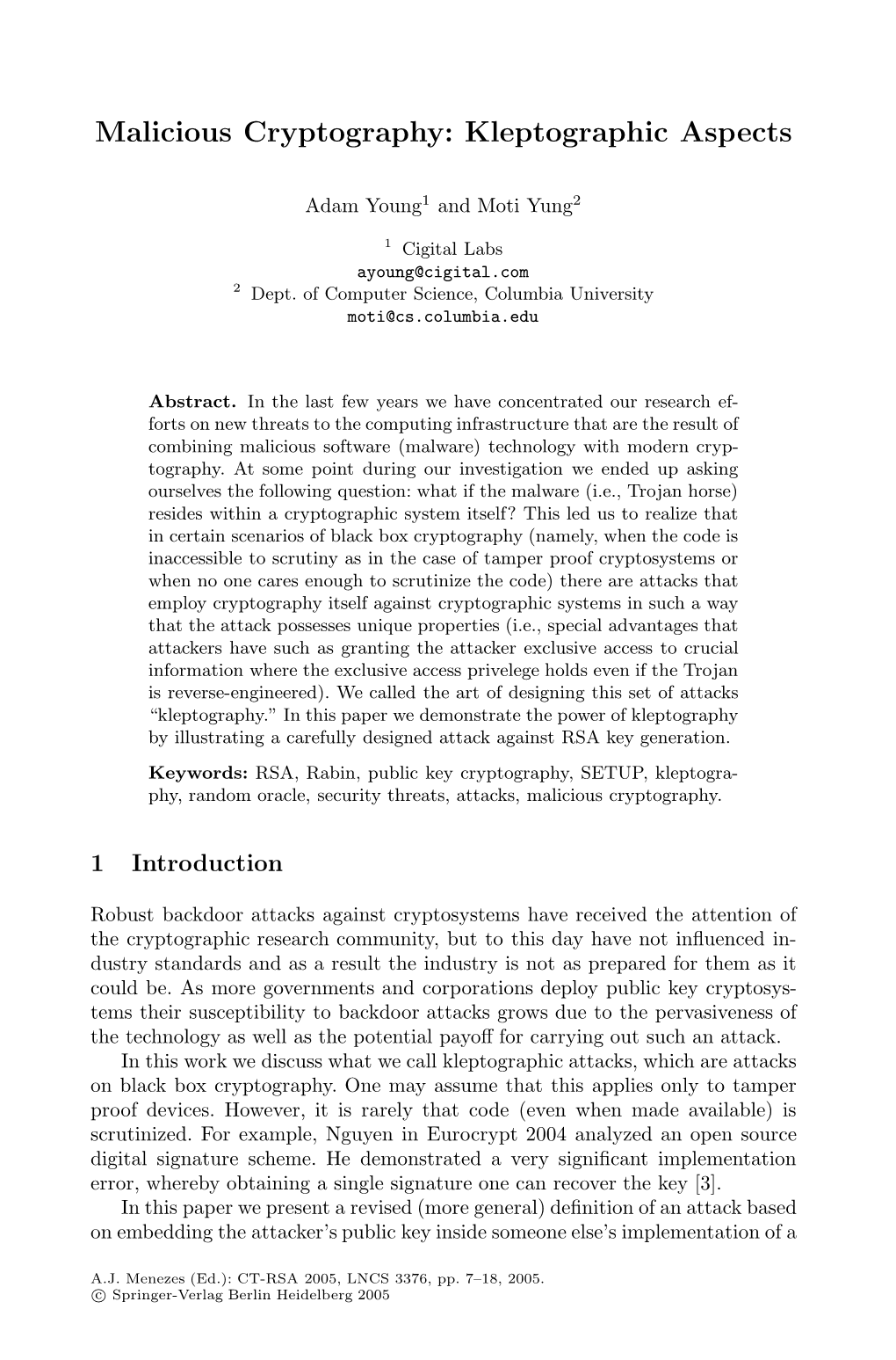 Malicious Cryptography: Kleptographic Aspects