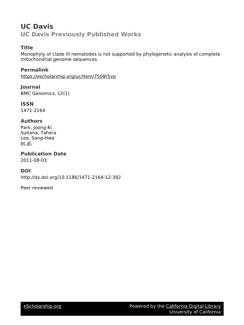 Monophyly of Clade III Nematodes Is Not Supported by Phylogenetic Analysis of Complete Mitochondrial Genome Sequences