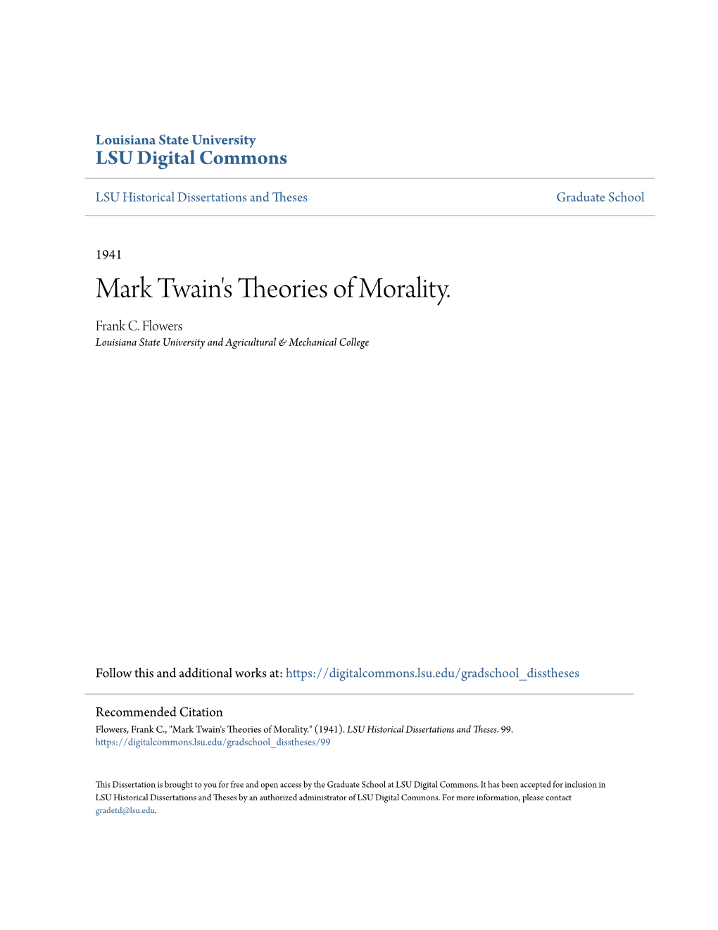 Mark Twain's Theories of Morality. Frank C