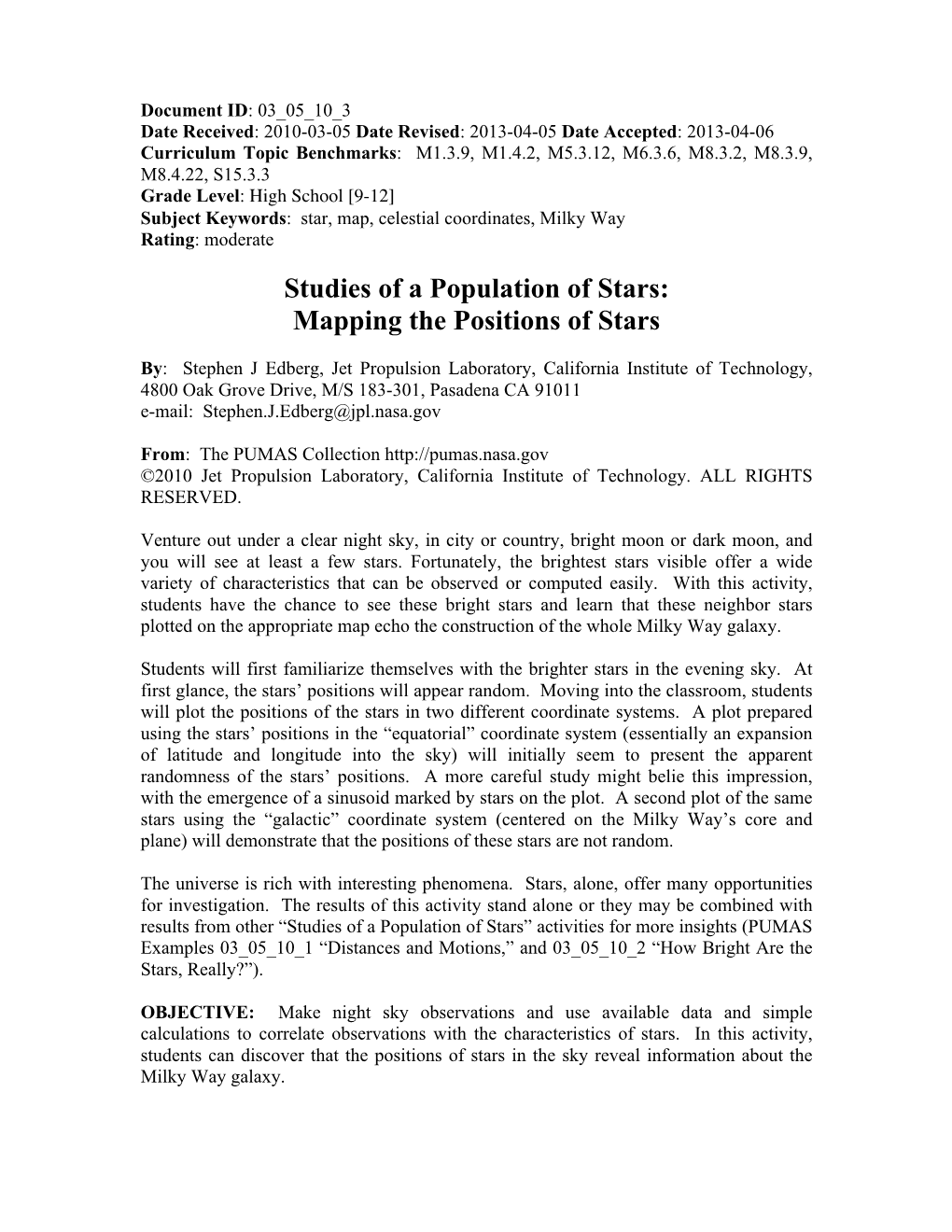 Studies of a Population of Stars: Mapping the Positions of Stars