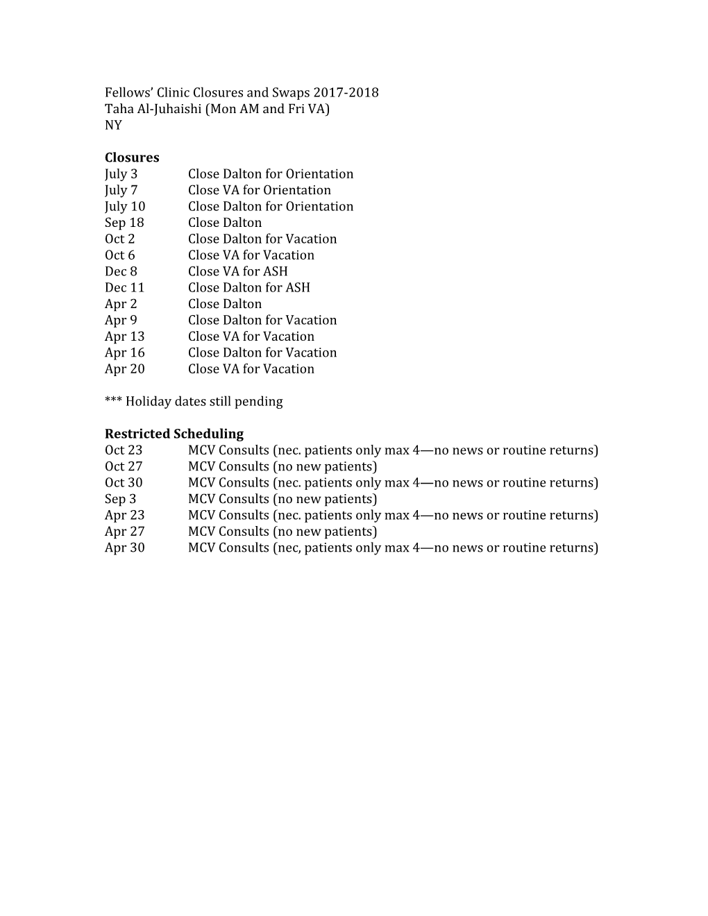 Fellows Clinic Closures and Swaps 2017-2018