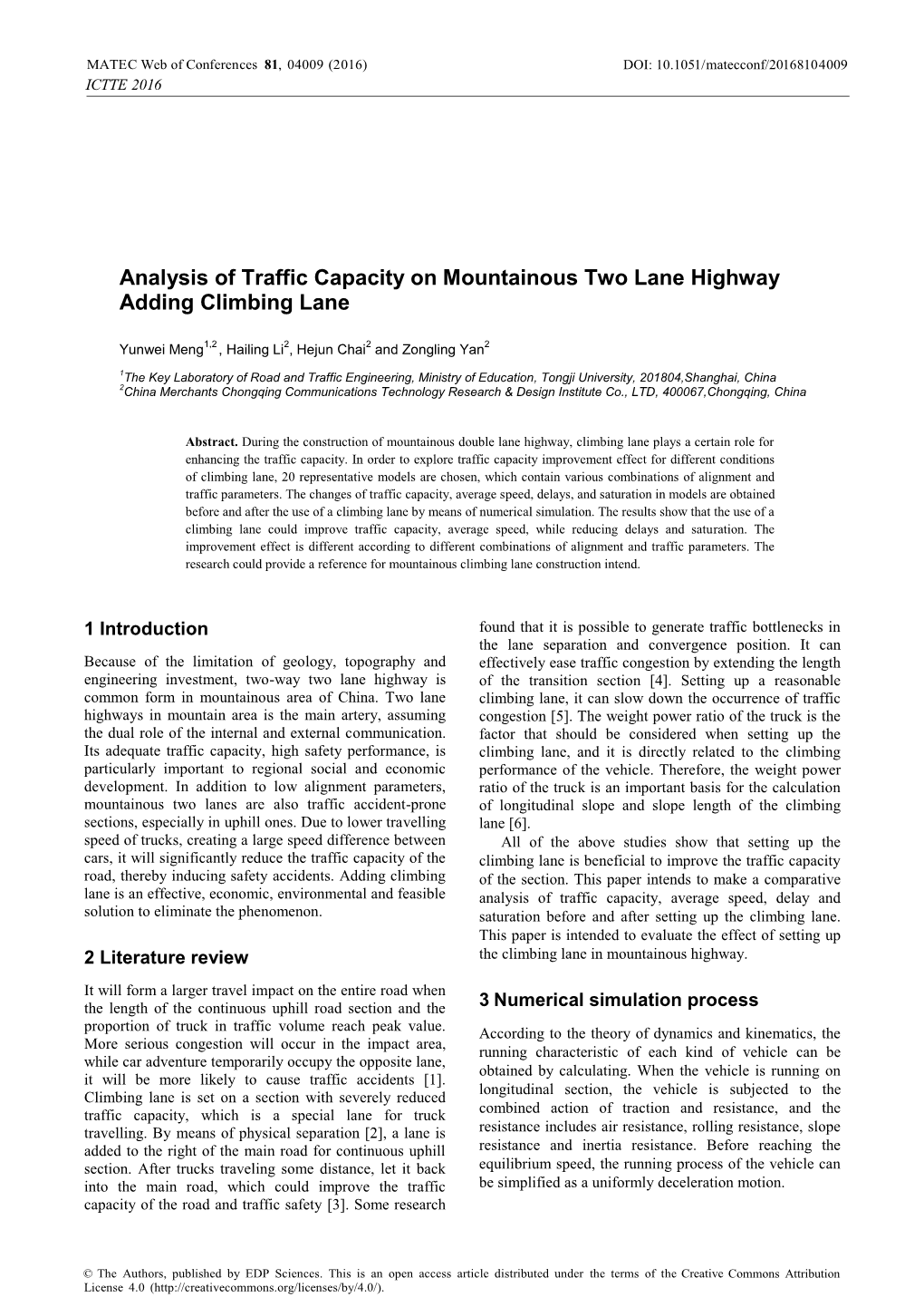 Analysis of Traffic Capacity on Mountainous Two Lane Highway Adding Climbing Lane
