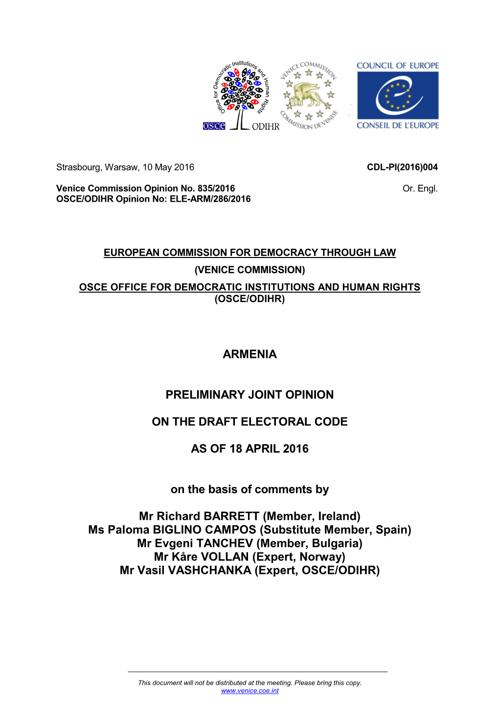 Preliminary Joint Opinion on the Draft Electoral Draft of Armenia