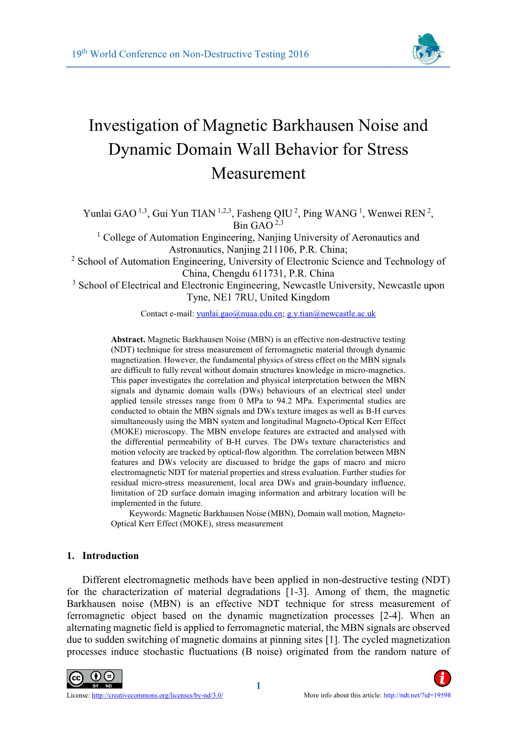 Investigation of Magnetic Barkhausen Noise and Dynamic Domain Wall Behavior for Stress Measurement