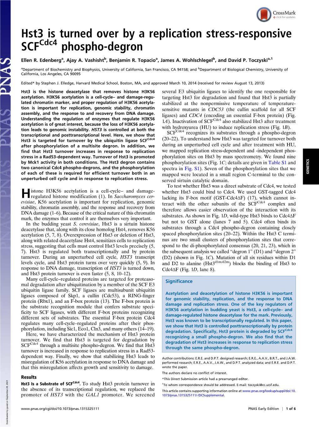 Hst3 Is Turned Over by a Replication Stress-Responsive SCF Phospho