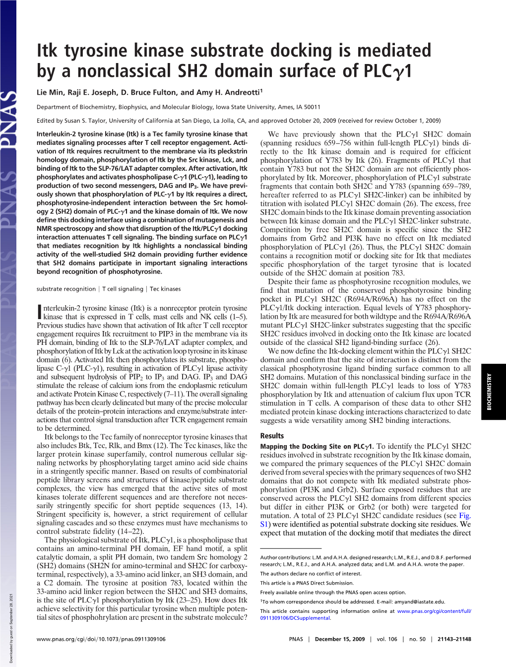 Itk Tyrosine Kinase Substrate Docking Is Mediated by a Nonclassical SH2 Domain Surface of PLC␥1