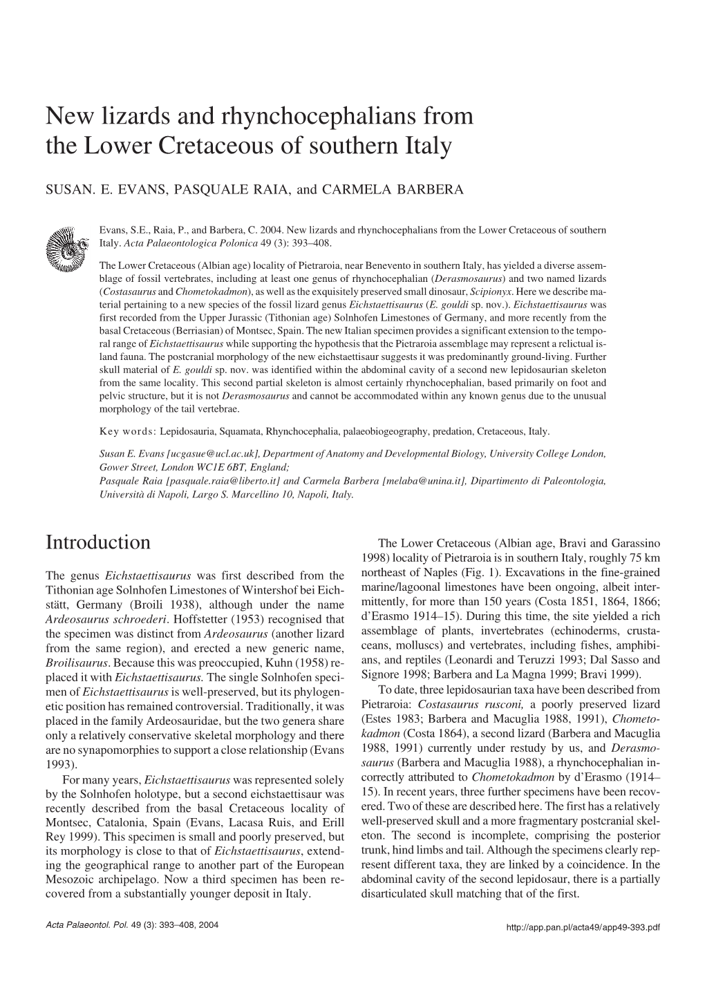 New Lizards and Rhynchocephalians from the Lower Cretaceous of Southern Italy