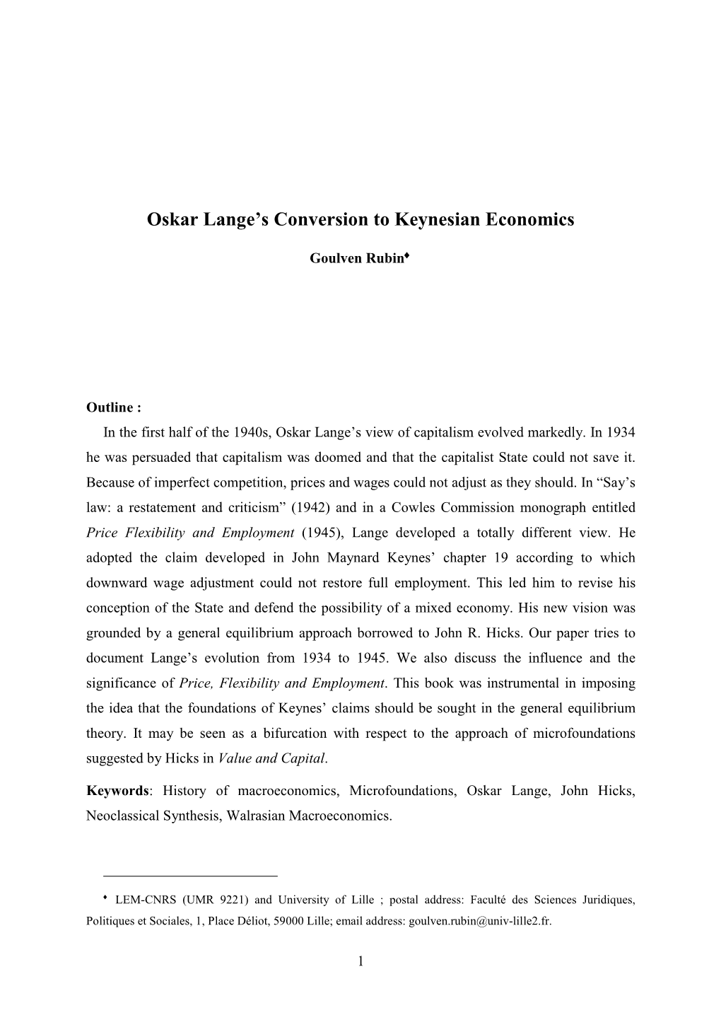 Oskar Lange's Conversion to Keynesian Economics