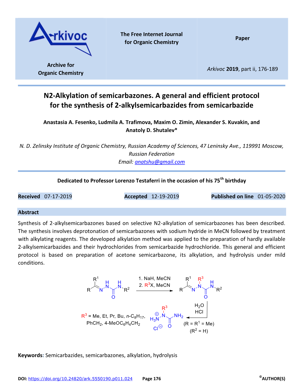 N2-Alkylation of Semicarbazones. a General and Efficient Protocol for the Synthesis of 2-Alkylsemicarbazides from Semicarbazide