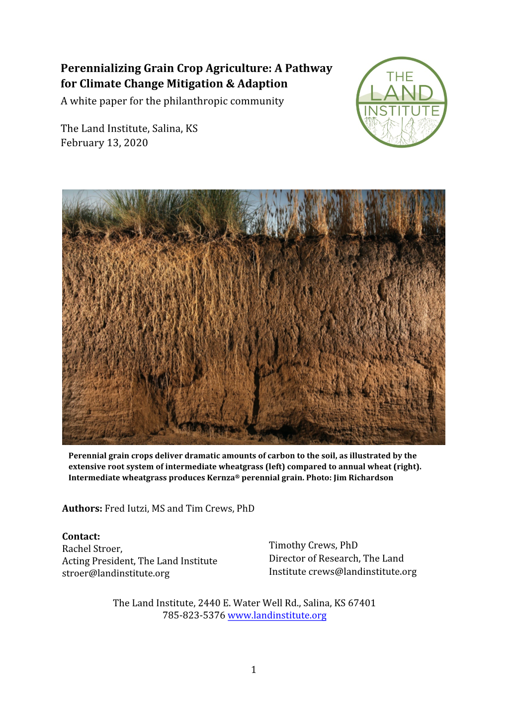 Perennializing Grain Crop Agriculture: a Pathway for Climate Change Mitigation & Adaption a White Paper for the Philanthropic Community