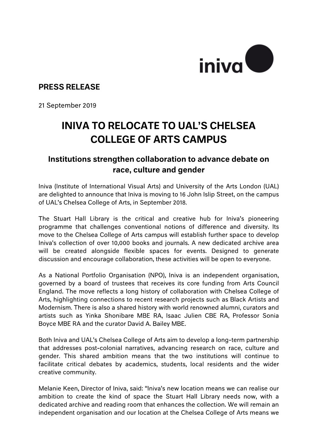 Iniva to Relocate to Ual's Chelsea College of Arts