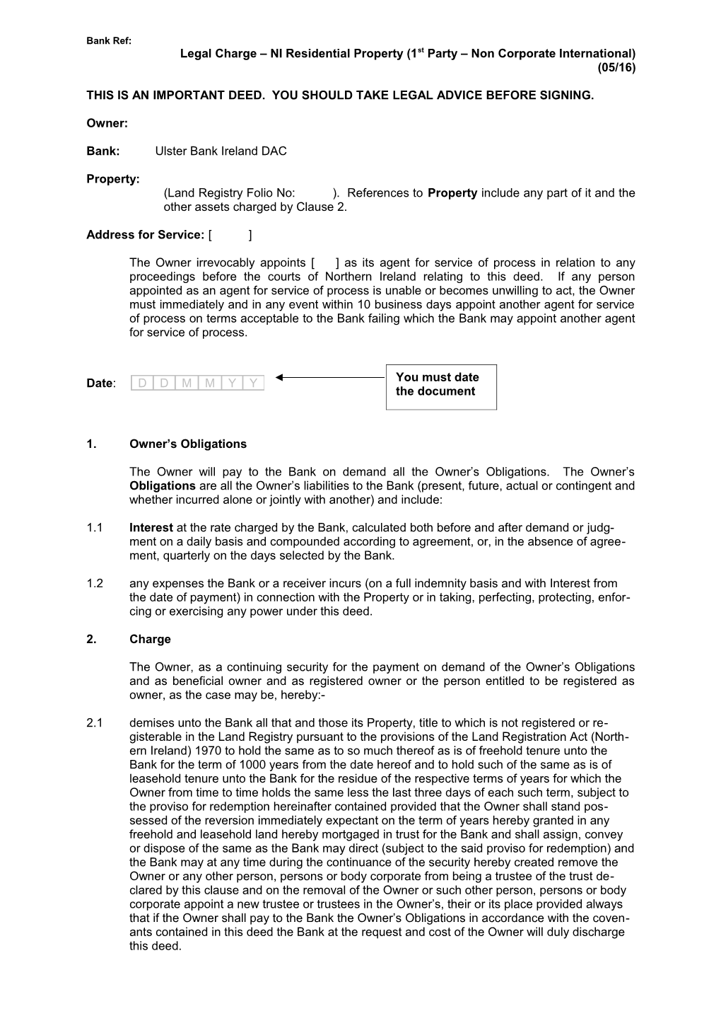 Legal Charge NI Residential Property (1St Party Non Corporate International)