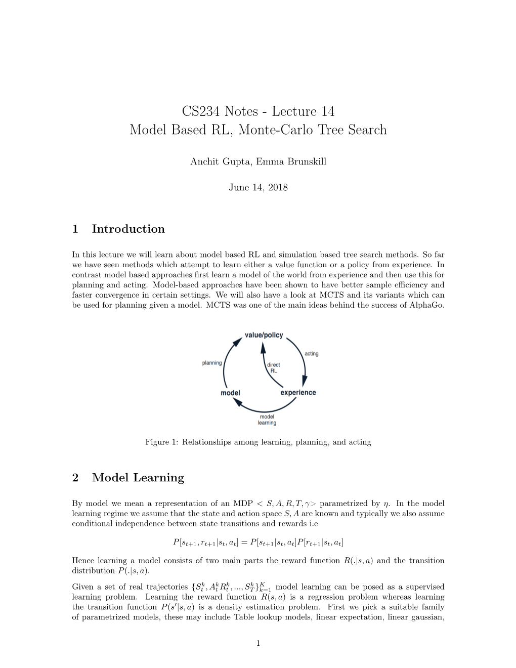 CS234 Notes - Lecture 14 Model Based RL, Monte-Carlo Tree Search