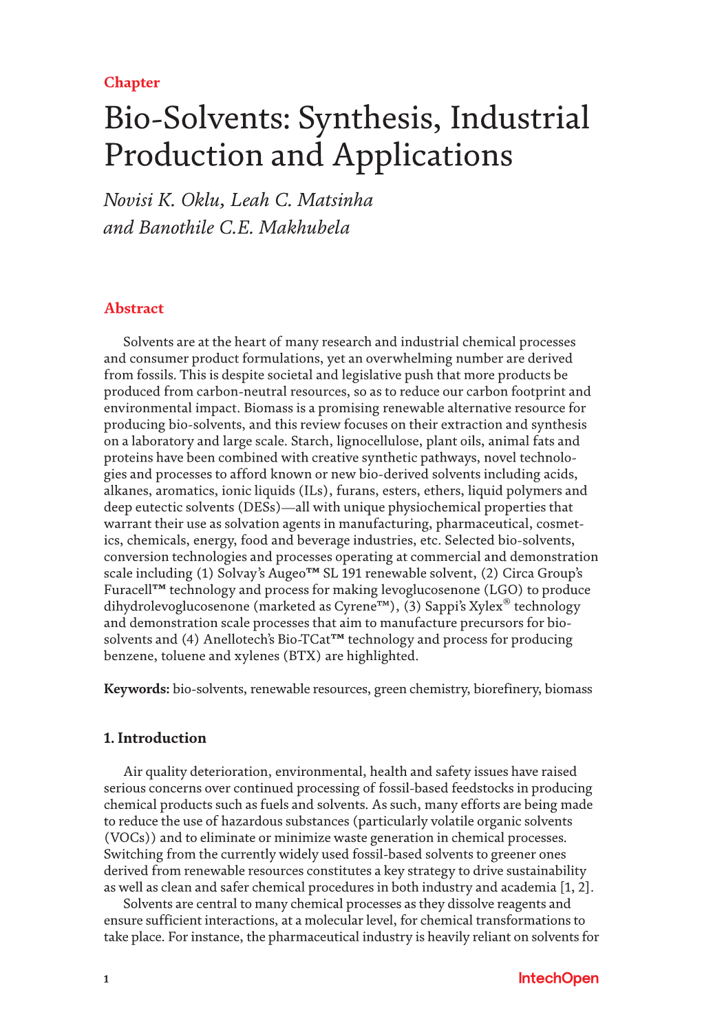 Bio-Solvents: Synthesis, Industrial Production and Applications Novisi K