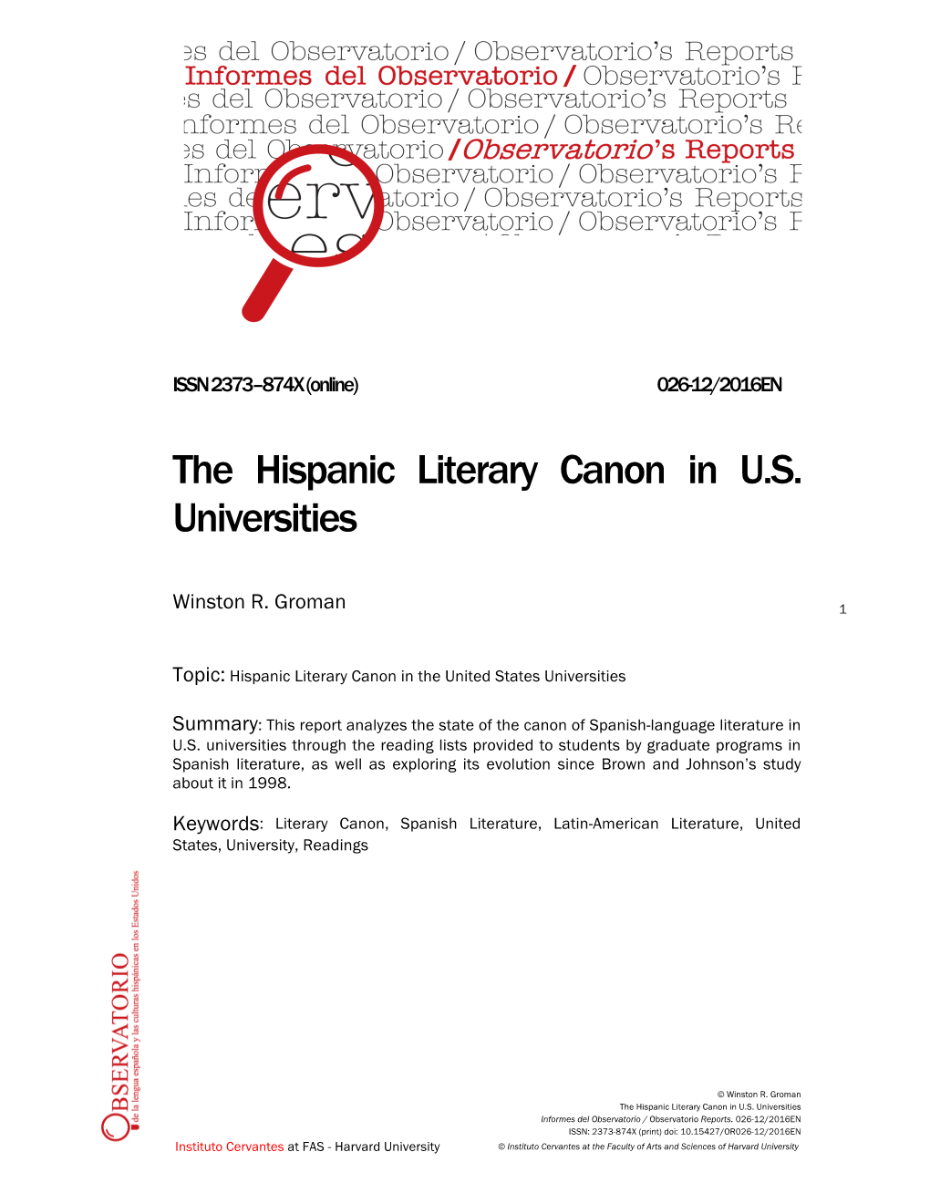 The Hispanic Literary Canon in U.S. Universities