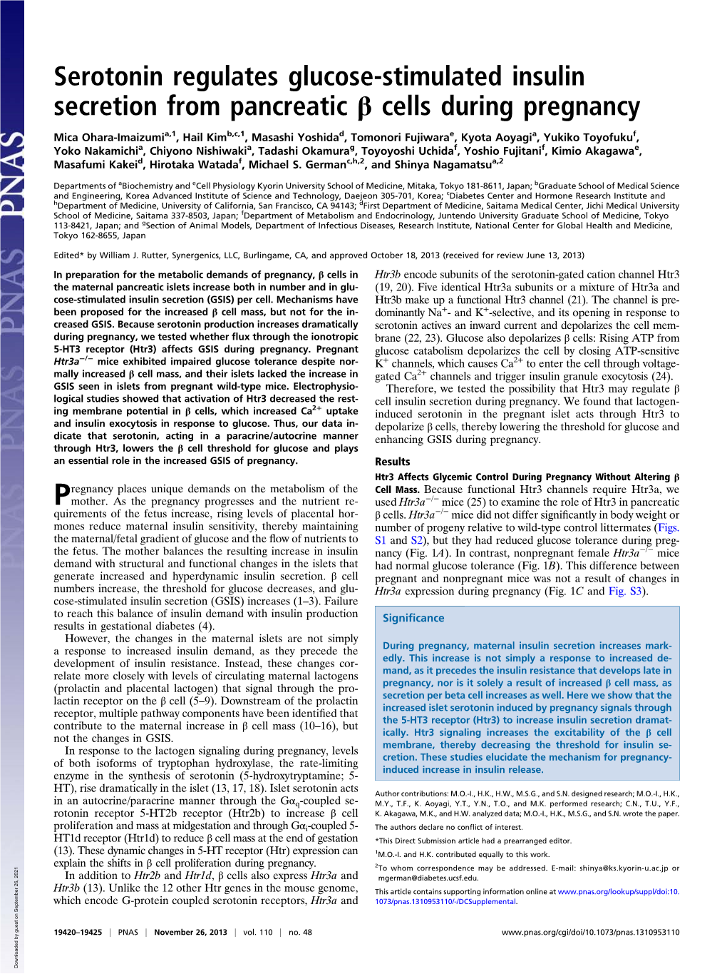 Serotonin Regulates Glucose-Stimulated Insulin Secretion from Pancreatic Β Cells During Pregnancy