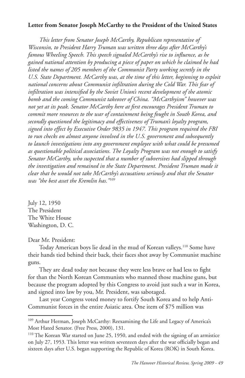 Letter from Senator Joseph Mccarthy to the President of the United States