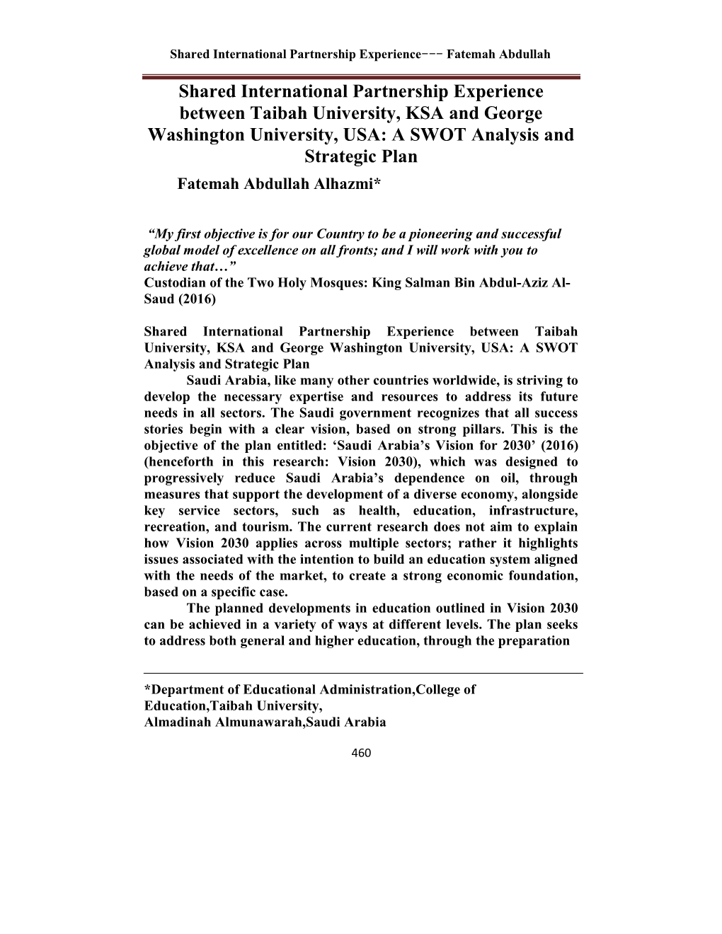 Shared International Partnership Experience Between Taibah University, KSA and George Washington University, USA: a SWOT Analysis and Strategic Plan