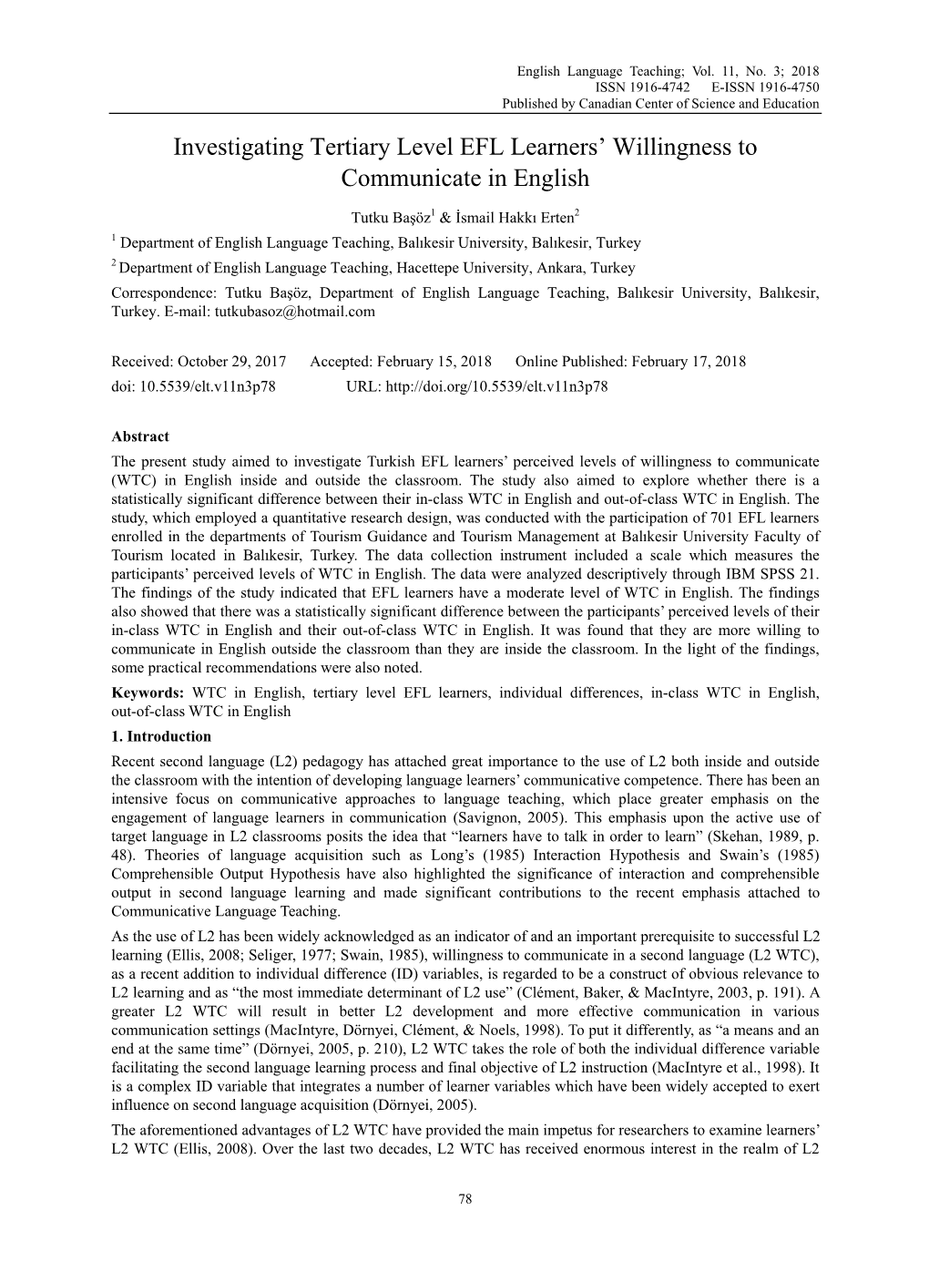 Investigating Tertiary Level EFL Learners' Willingness To