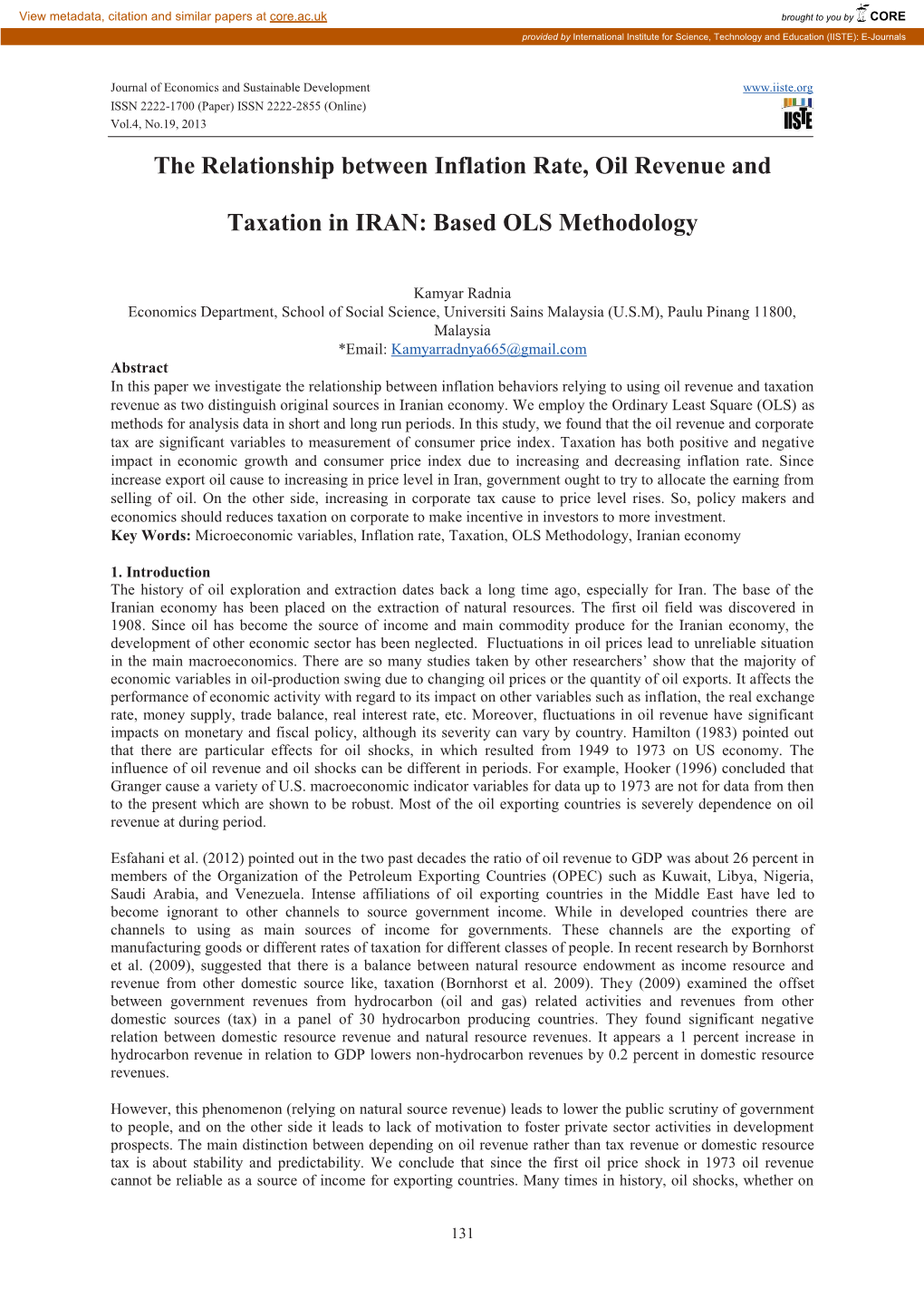 The Relationship Between Inflation Rate, Oil Revenue and Taxation In